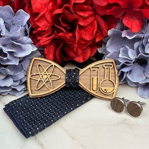 Scientist Atomic Orb & Beaker Wooden Bow Tie Cufflinks Pocket Square Set